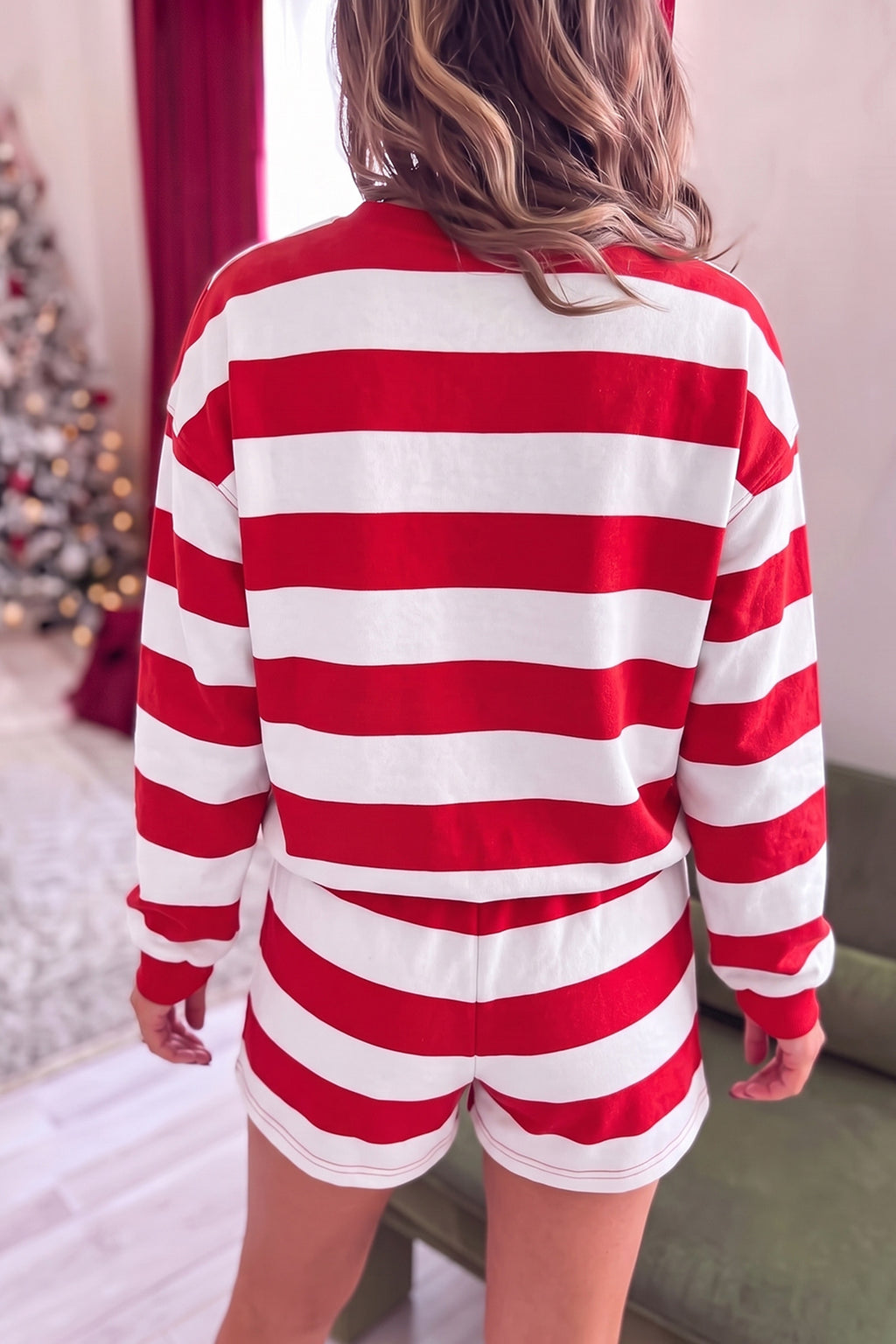 Pink Stripe Holly Jolly Embroidery Pullover Long Sleeve Two Piece Shorts Set
