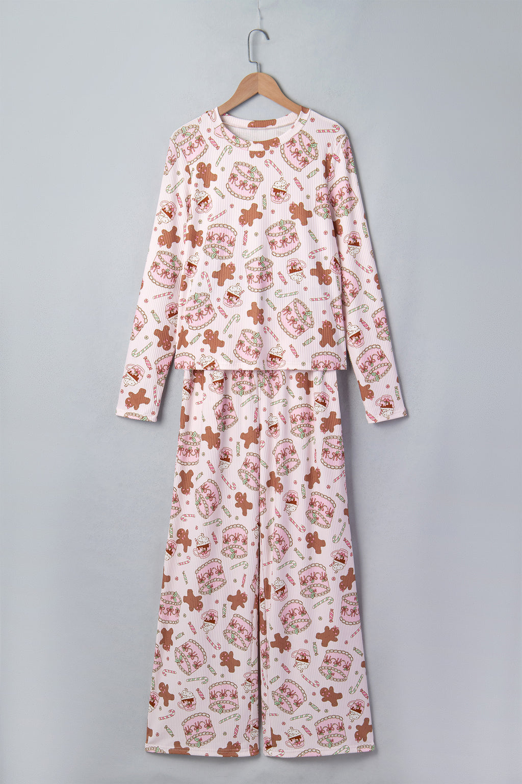 Pink Abstract Christmas Print Long Sleeve Two Piece Lounge Set