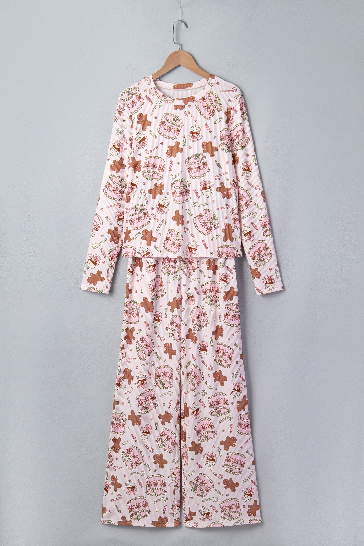 Pink Abstract Christmas Print Long Sleeve Two Piece Lounge Set
