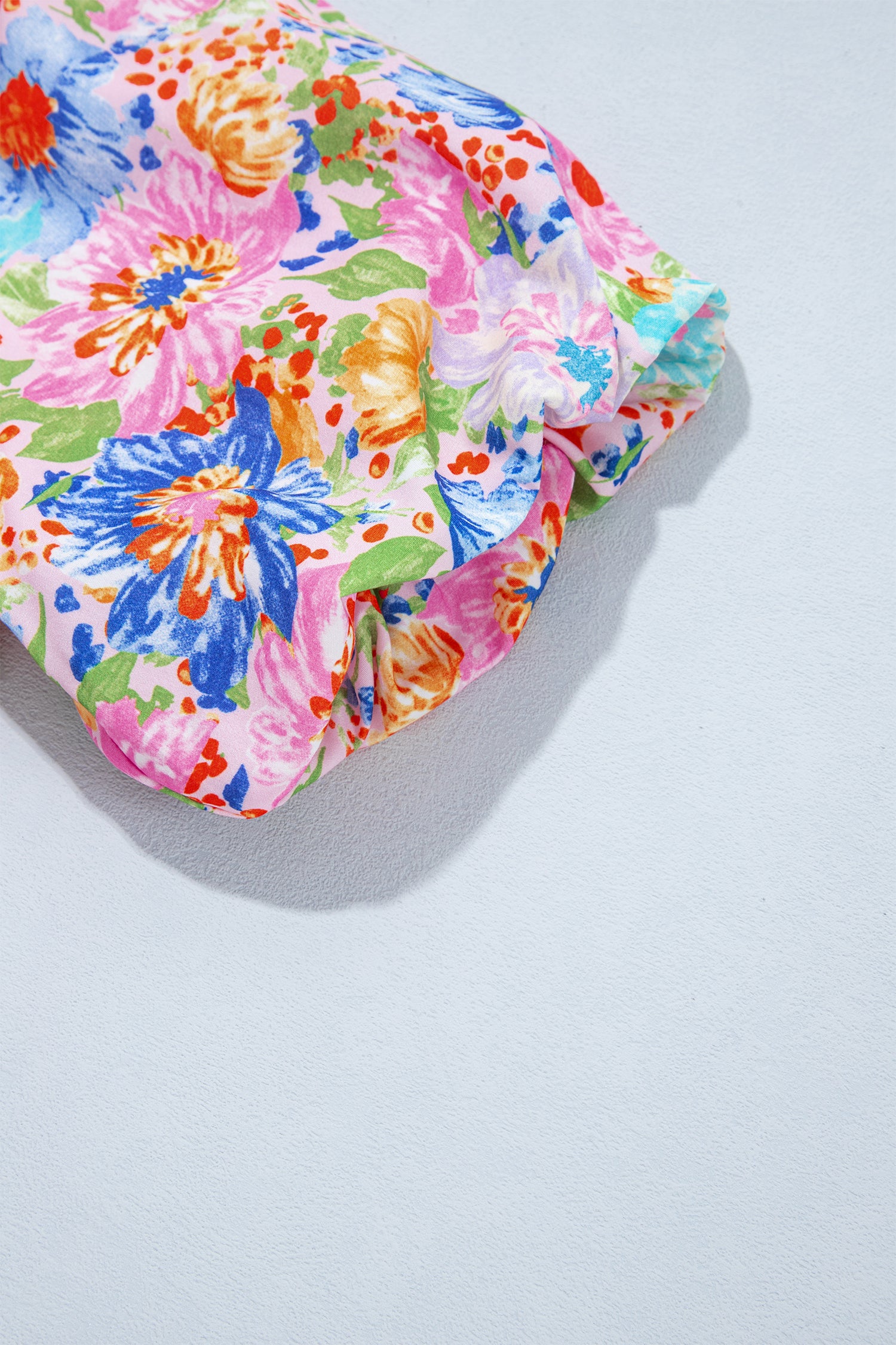 Pink Floral Print V Neck Short Sleeve Shift Blouse