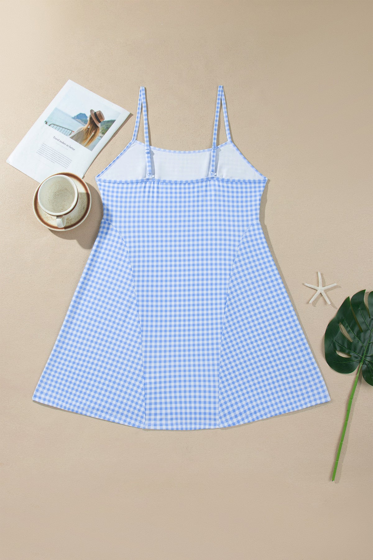 Sky Blue Gingham Plaid Double Layered Cami Mini Dress 3pcs Set