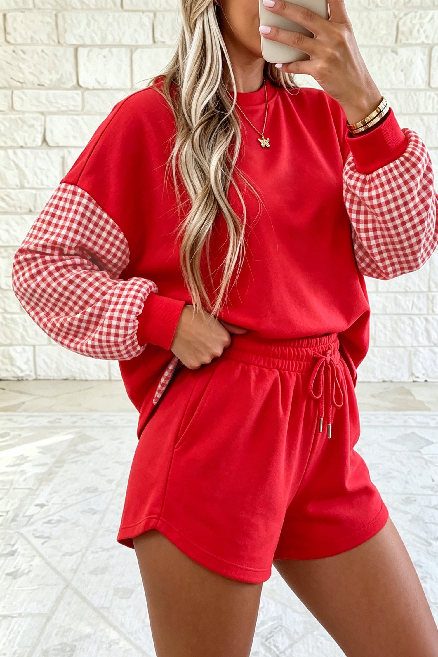Red Plaid Patchwork Long Sleeve Top Solid Drawstring Shorts Set