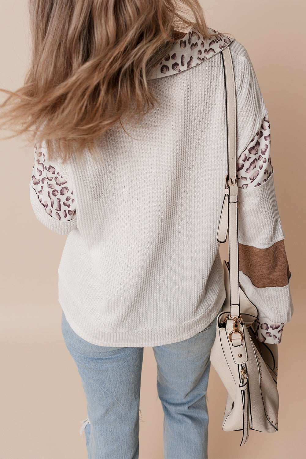 White game day Rugby Bow Embroidered Graphic Leopard Collar Color Block Patchwork Top