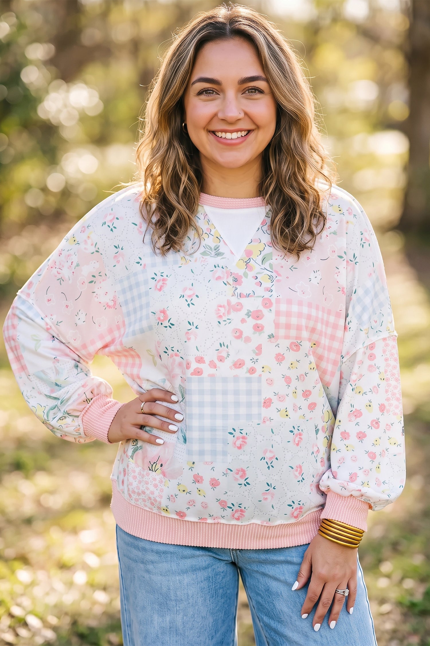 Pink Patchwork Floral Print Long Sleeve Tunic Plus Size Blouse
