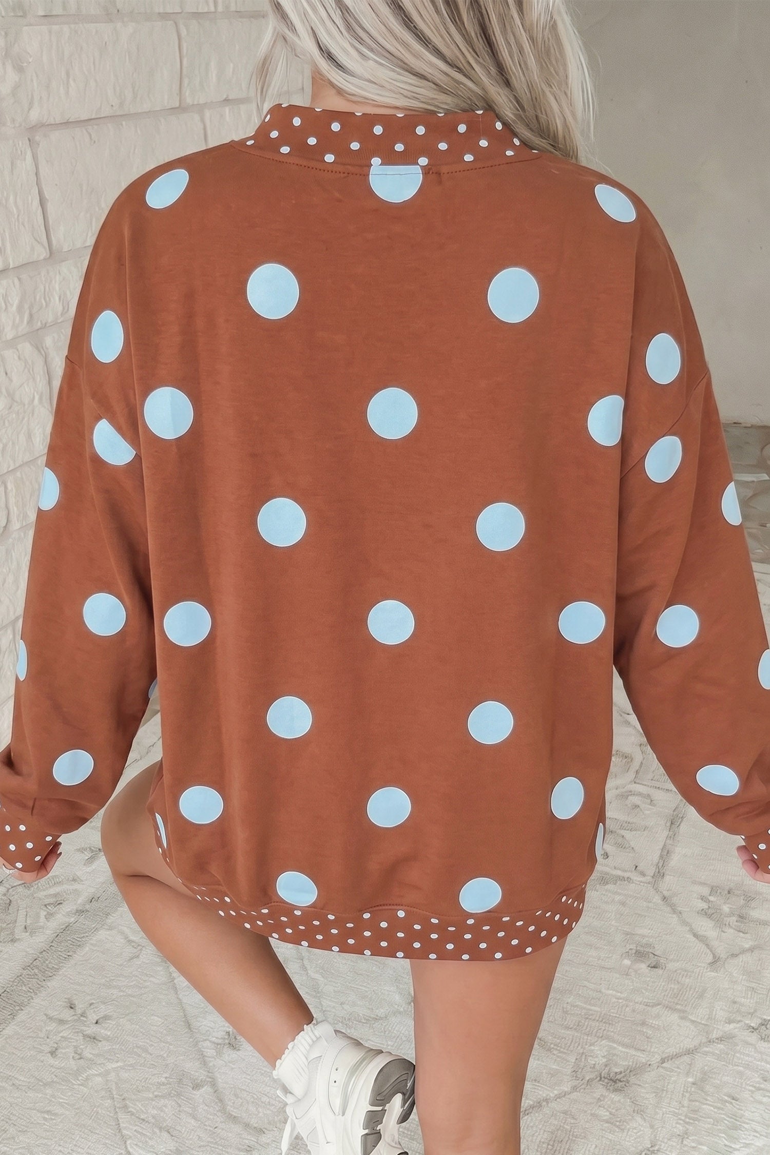 Pink Polka Dot Print Contrast Detail Oversized Tunic Sweatshirt