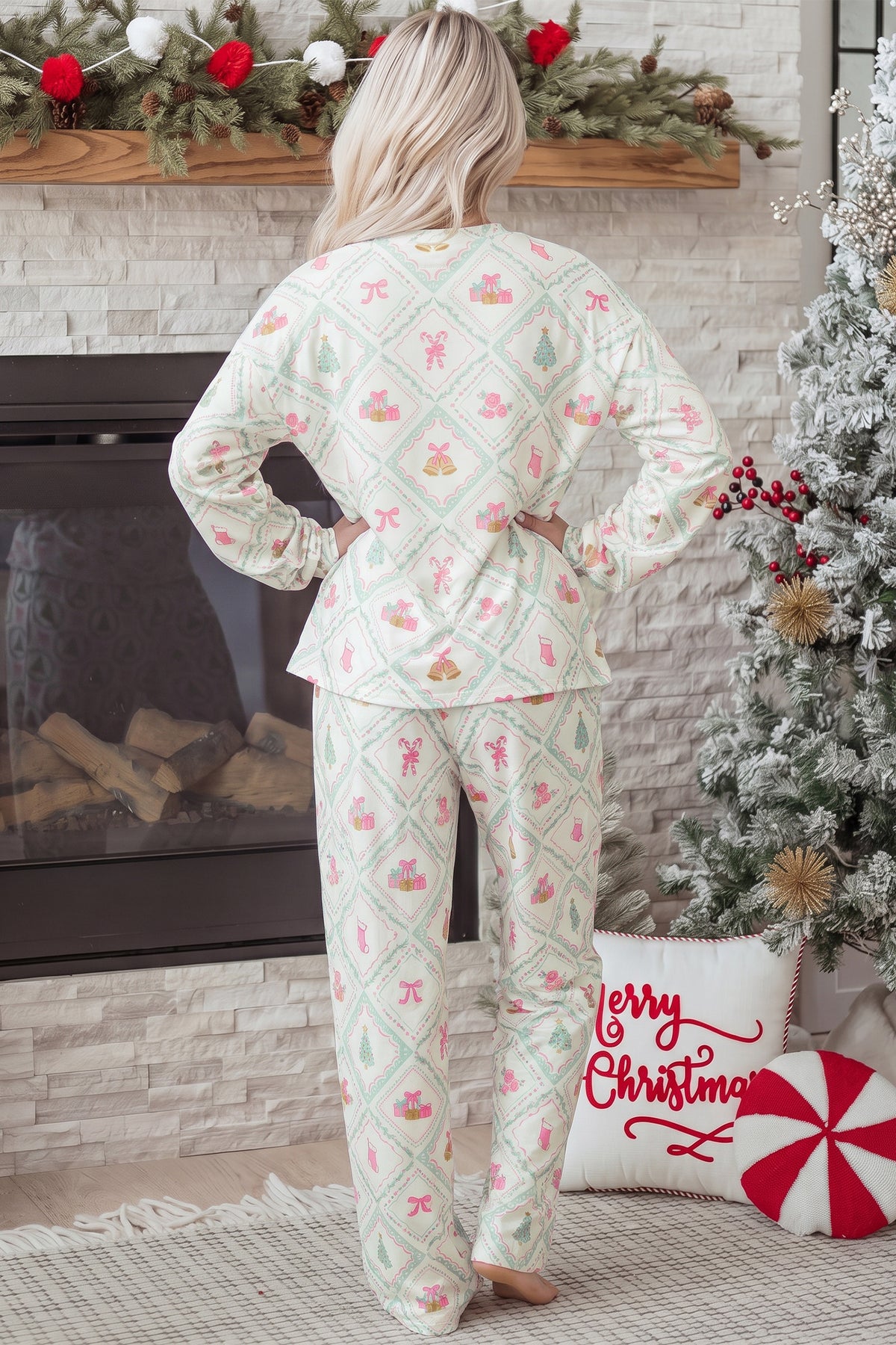 White Long Sleeve Patchwork Shift Christmas Daily Wear Lounge Set