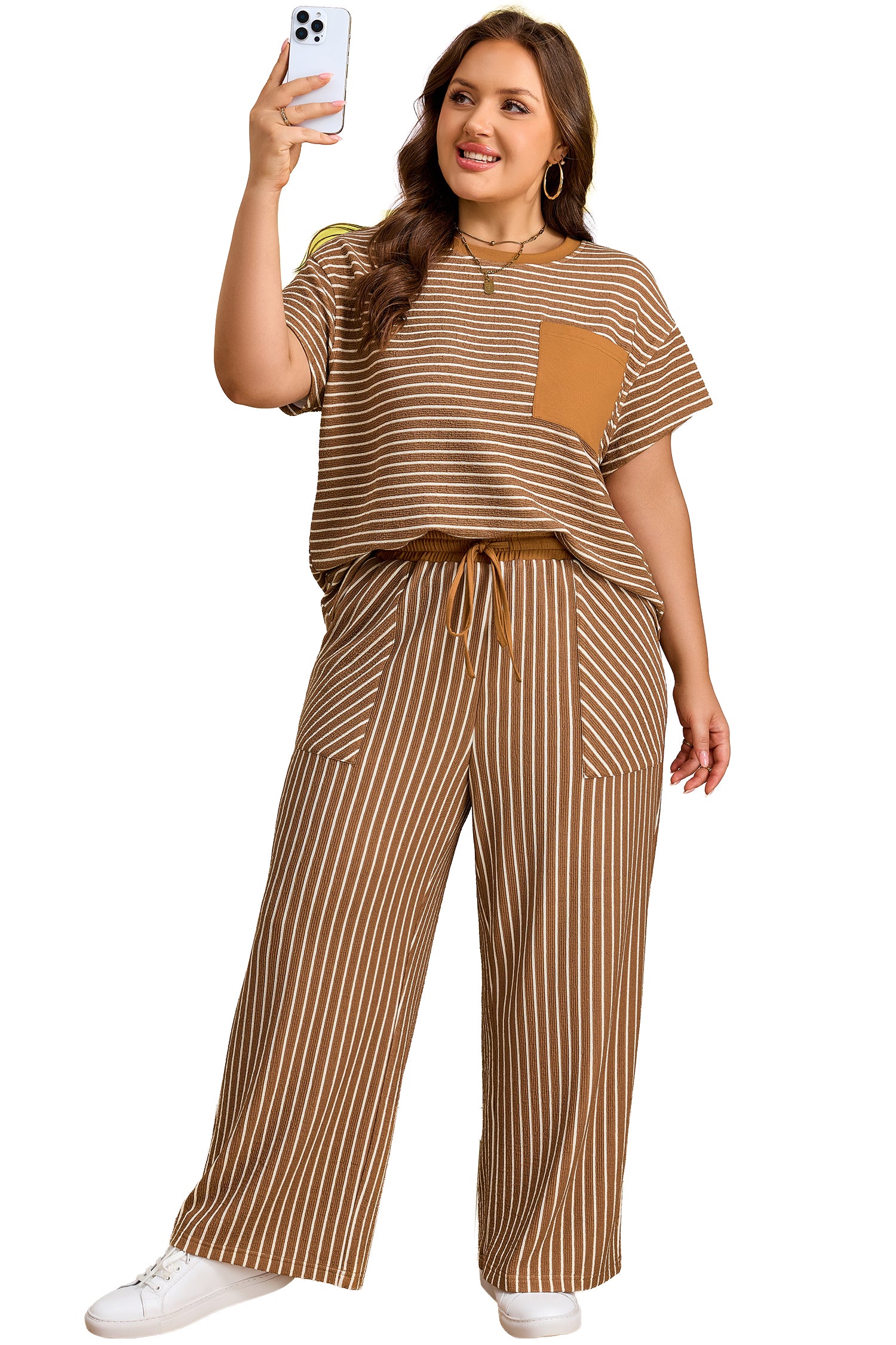 Khaki Stripe Plus Size Striped Colorblock Pocket Lounge Set