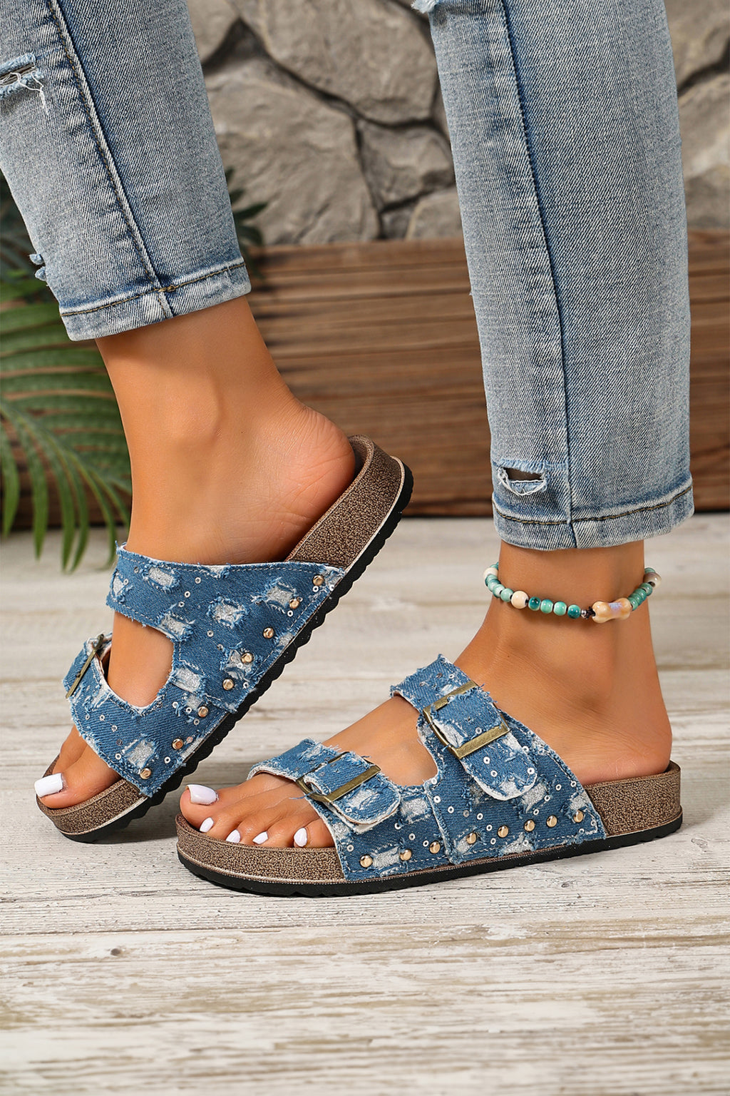 Dark Blue American Flag Retro Buckle Straps Hollowed Faux Suede Slippers