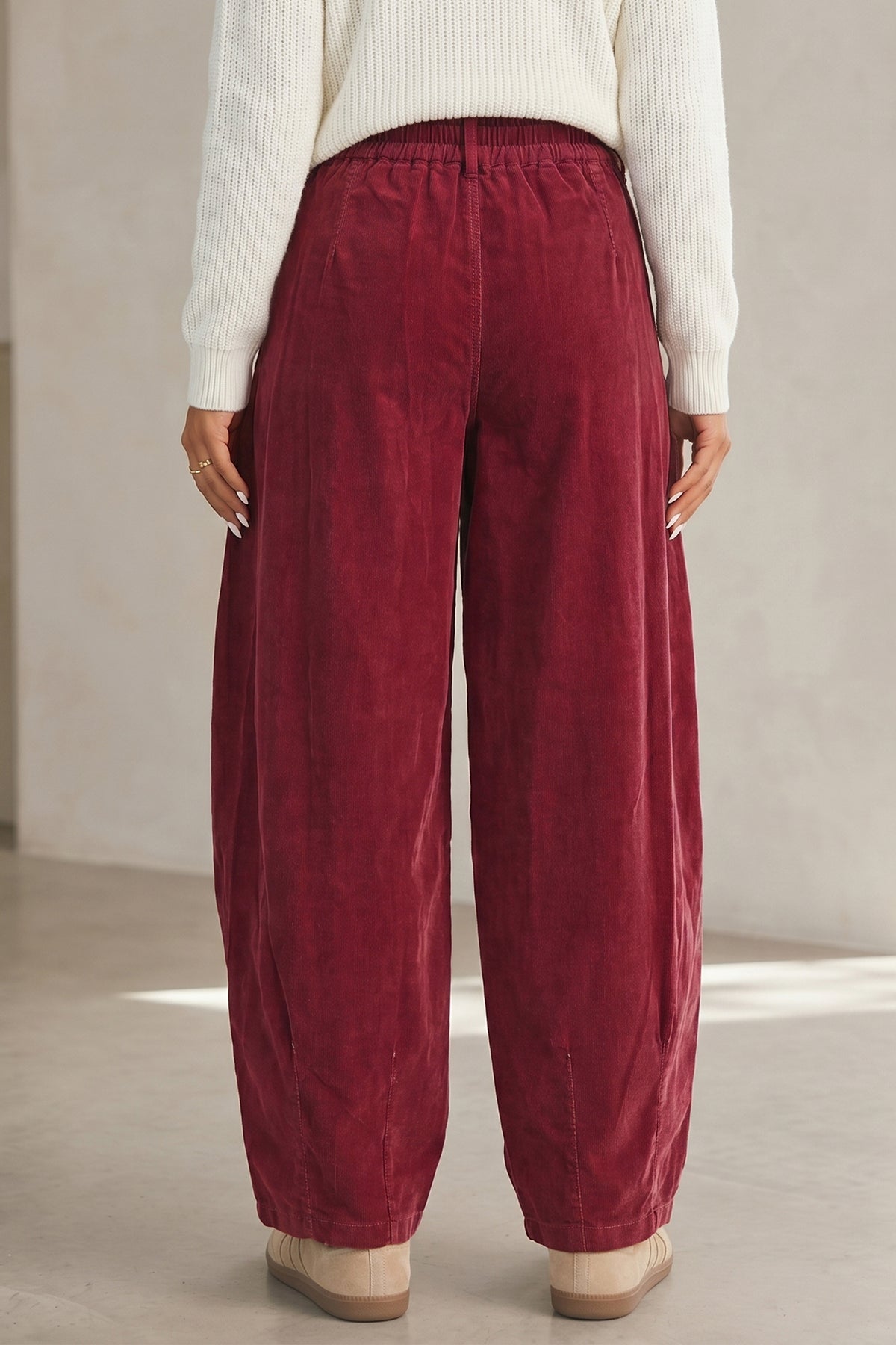 Racing Red Elastic Waist Drawstring Corduroy Casual Pants