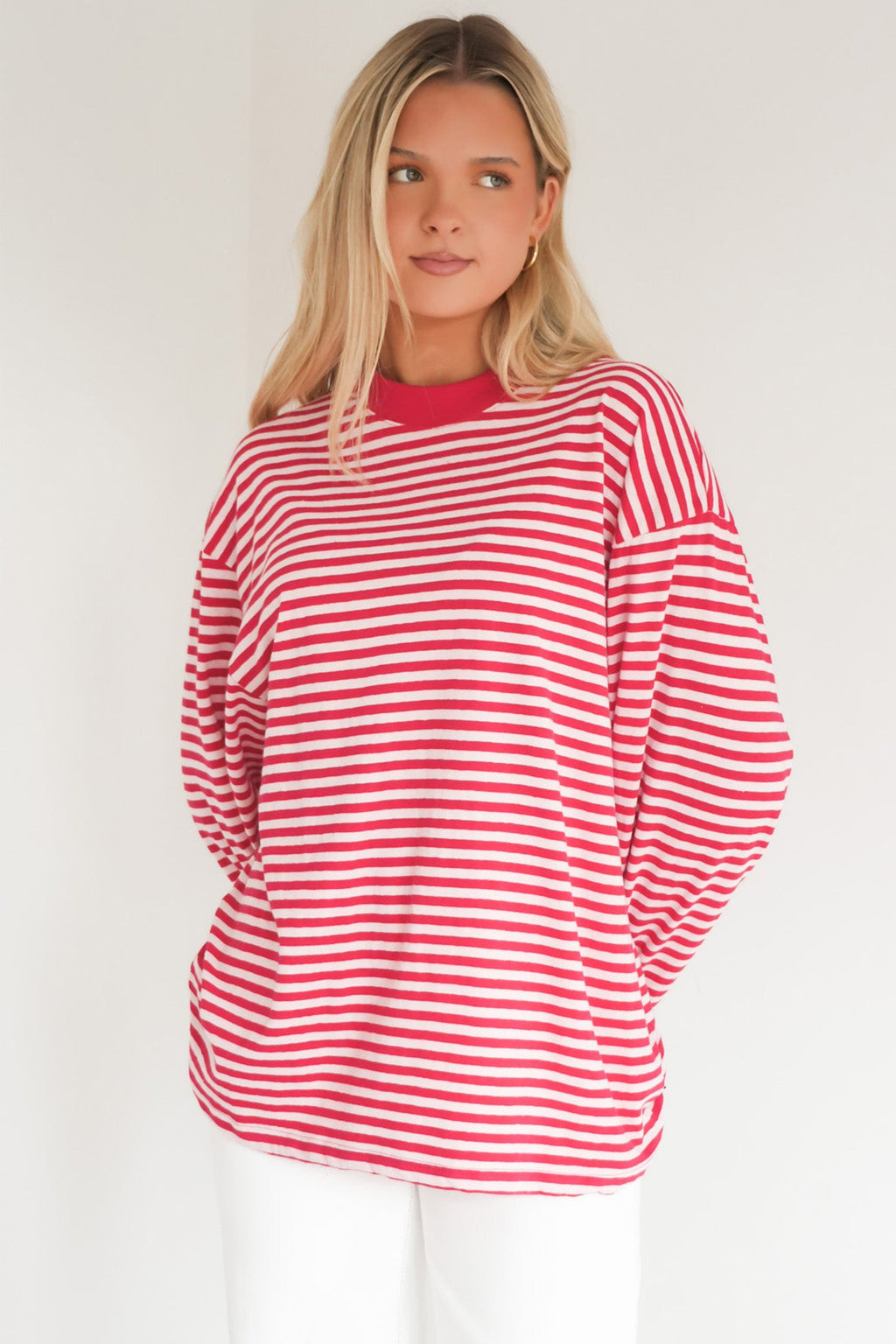 Red Stripe Oversized Long Sleeve Round Neck Top