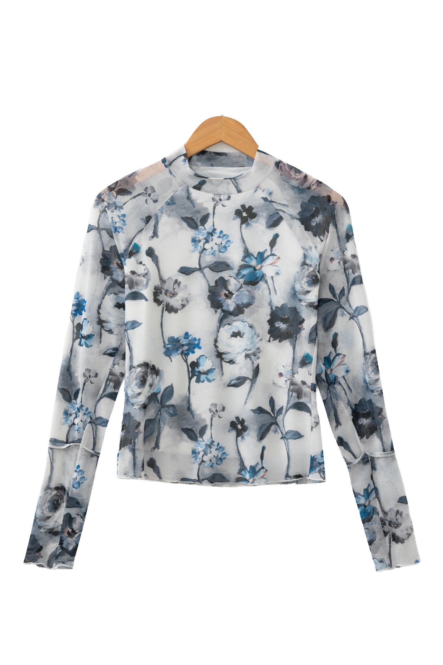 Sky Blue Floral Mesh High Neck Long Sleeve Sheath Top