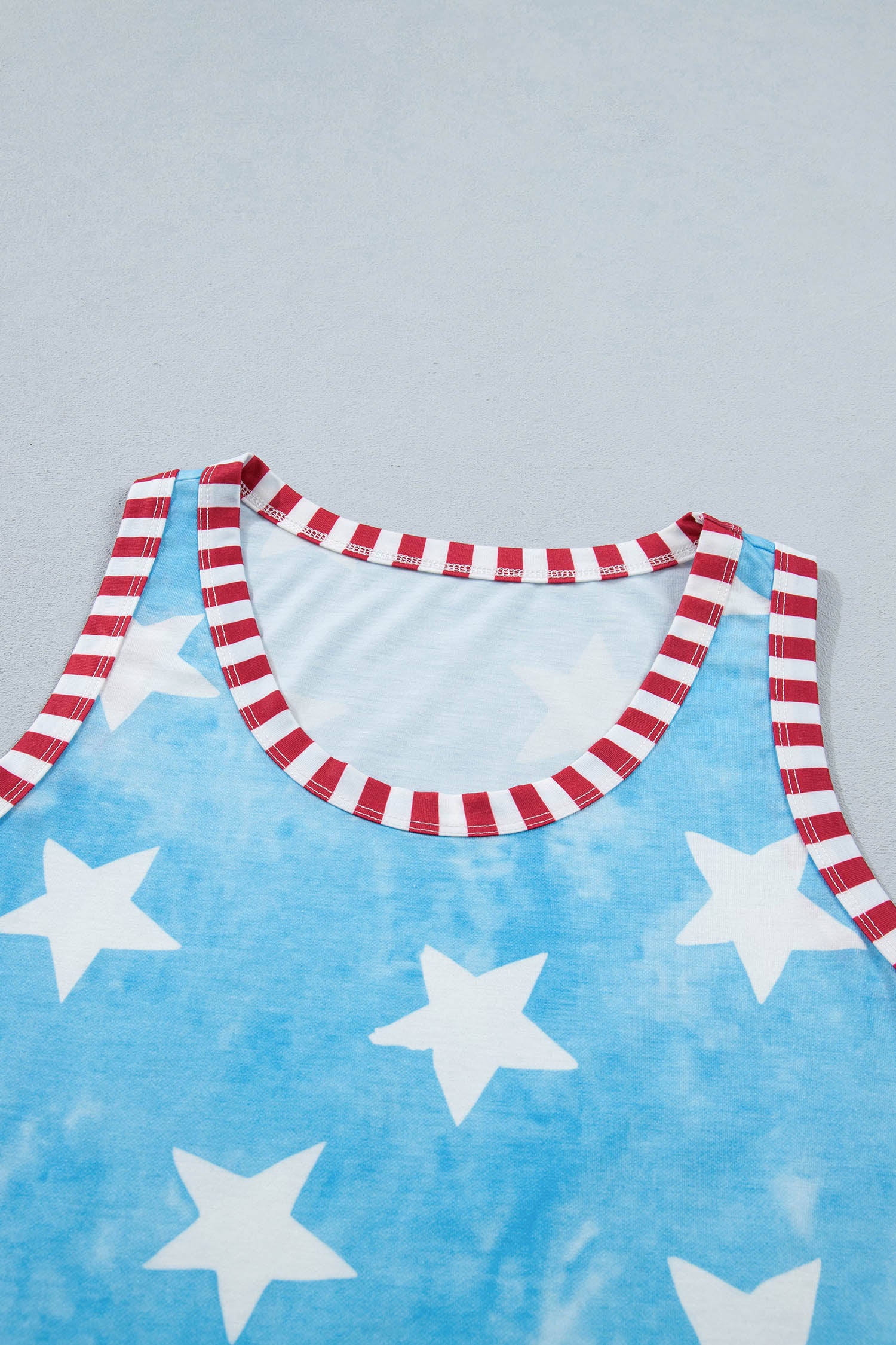 Sky Blue Tie Dye Star Print Striped Trim Round Neck Casual Tank Top