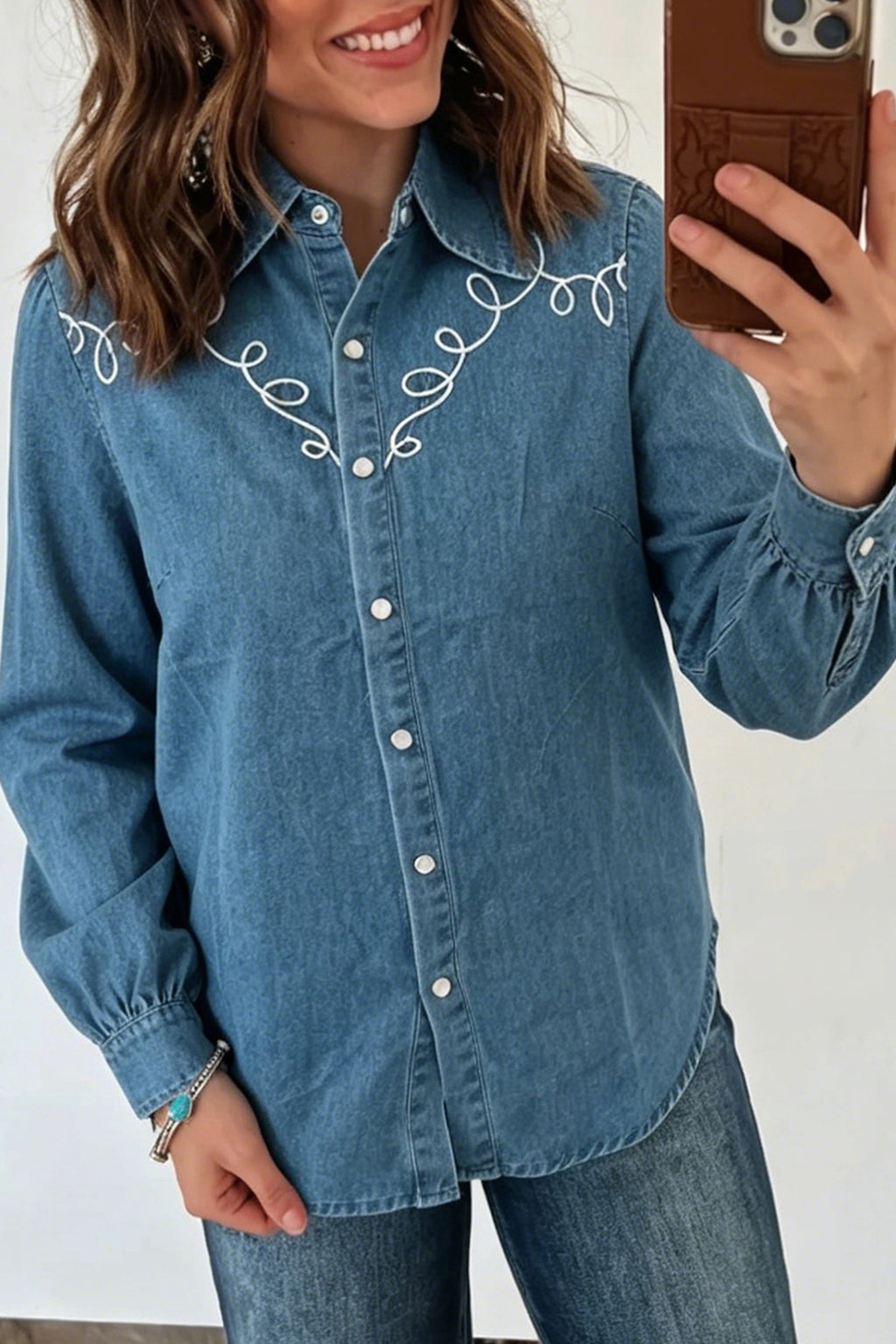 Dusk Blue Western Embroidered Collar Long Sleeve Denim Shirt