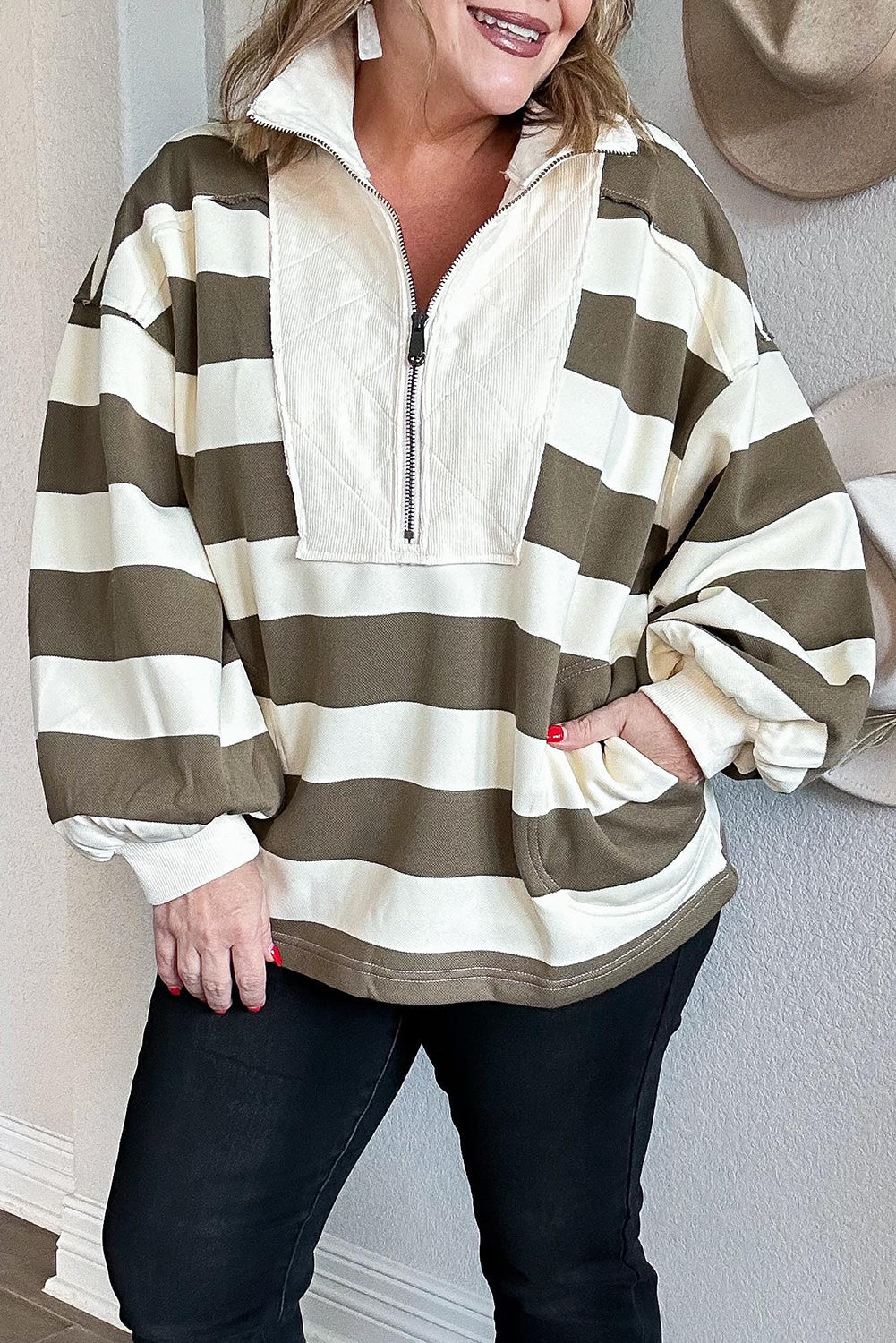 Green Stripe Plus Size Half Zipped Casual Sweatshirt