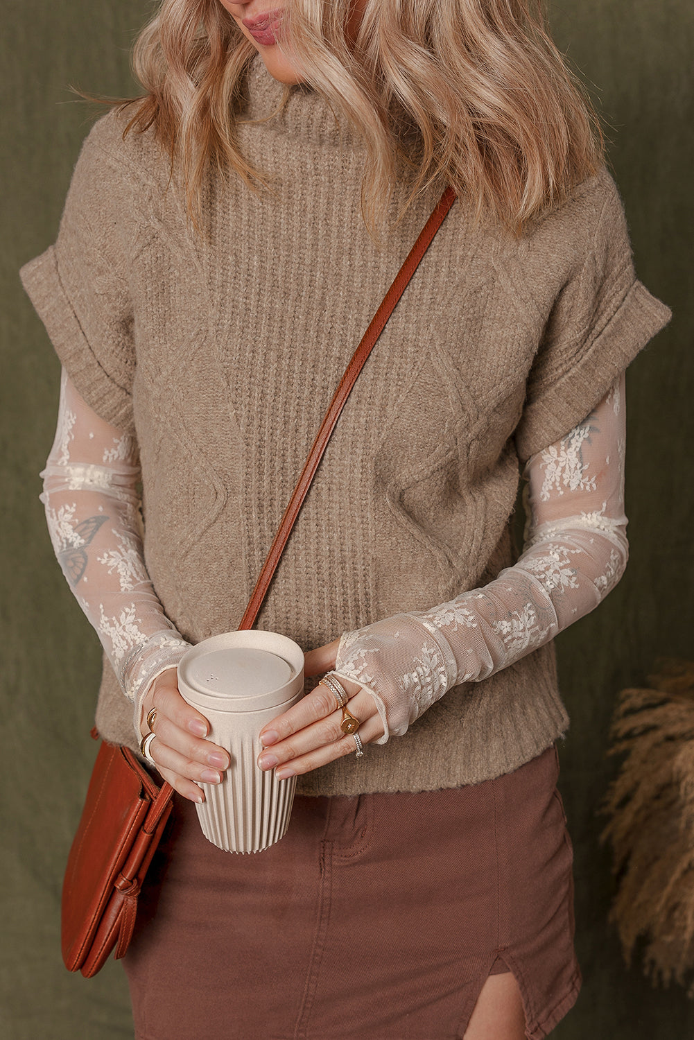 Smoke Gray Textured Knit High Neck Sweater T Shirt