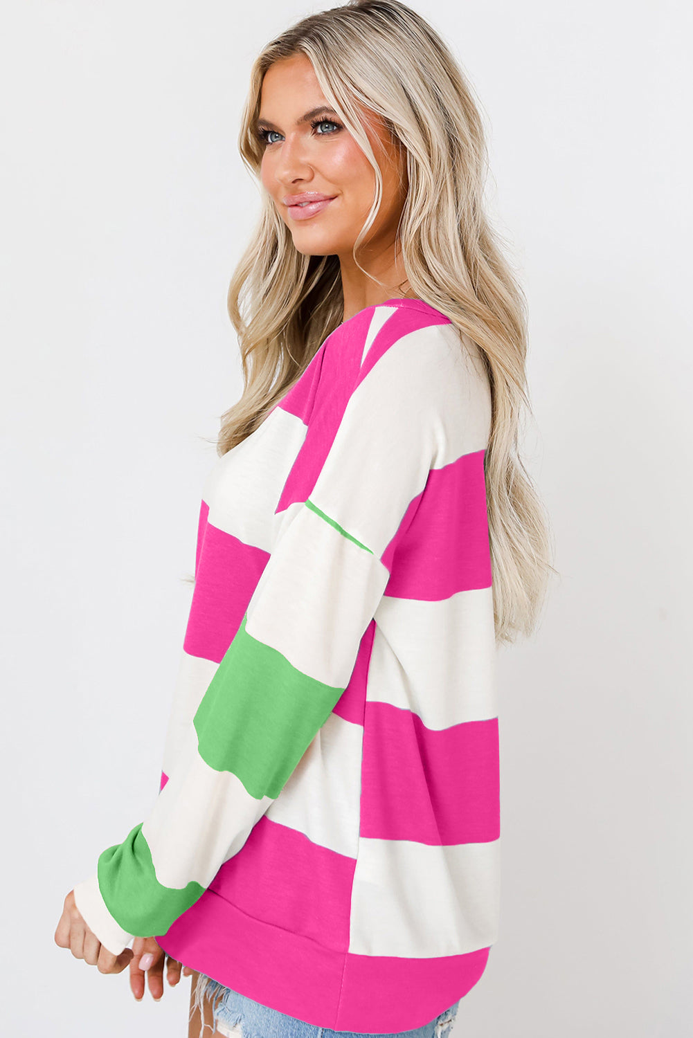 Light Pink Colorblock Striped Drop Shoulder Long Sleeve Top