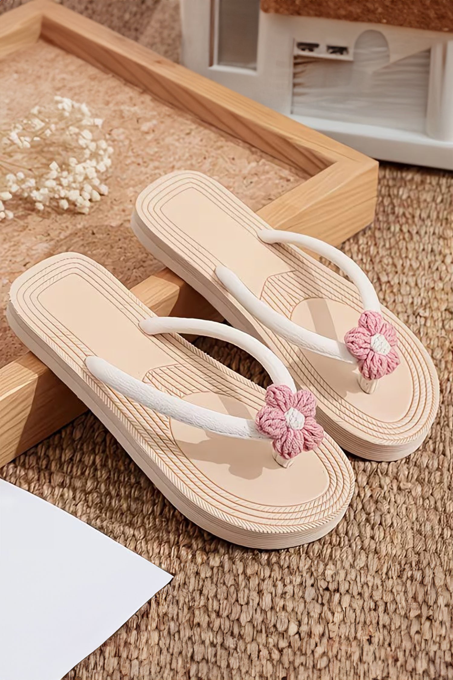 Khaki Corded Flower Vacation Casual Flip Flops