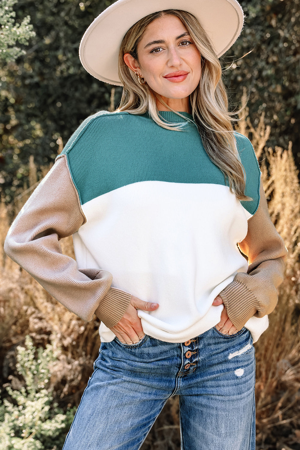 Green Color Block Plain Ribbed Knit Baggy Sweater