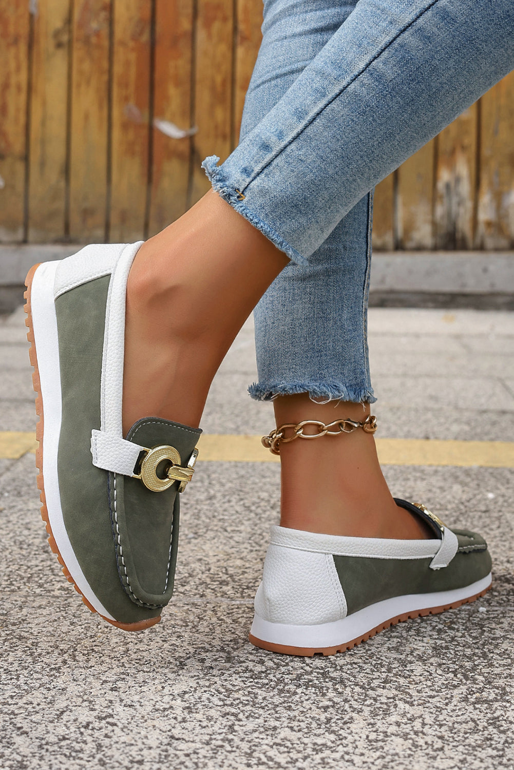 Blackish Green Metal Ring Decor Thick Sole Slip On Loafers