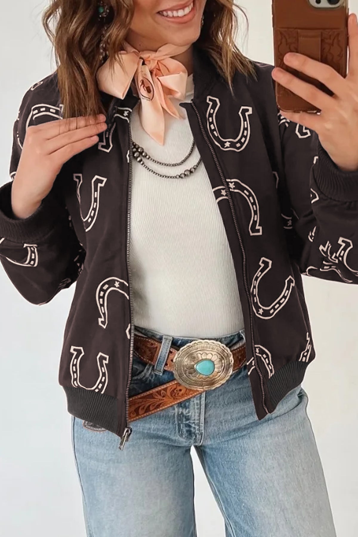 Brown Western Horseshoe Print Zipper Pocket Shift Jacket