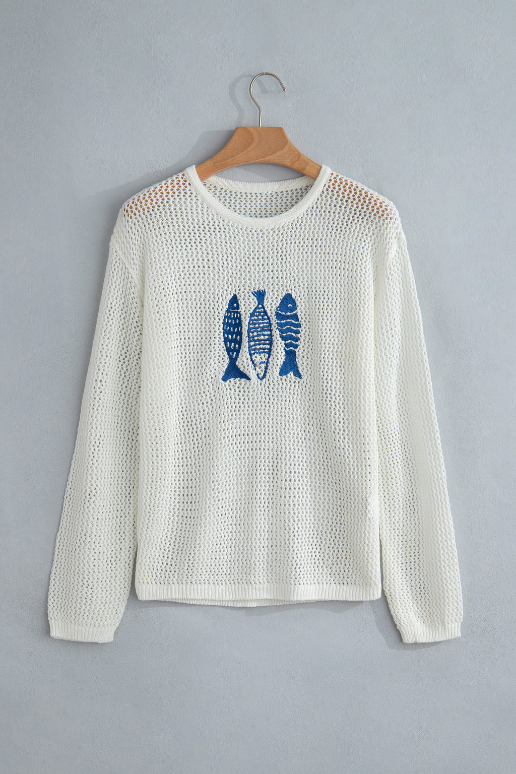 White Open Knit Fish Embroidered Casual Sweater