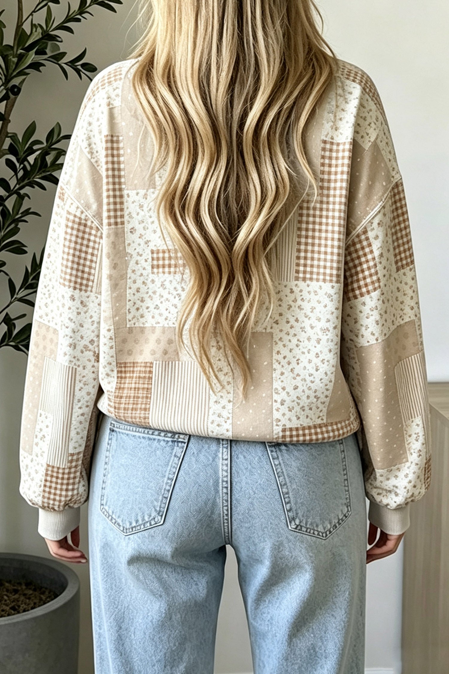 Sky Blue Patchwork Floral Print Mock Neck Long Sleeve Sweatshirt