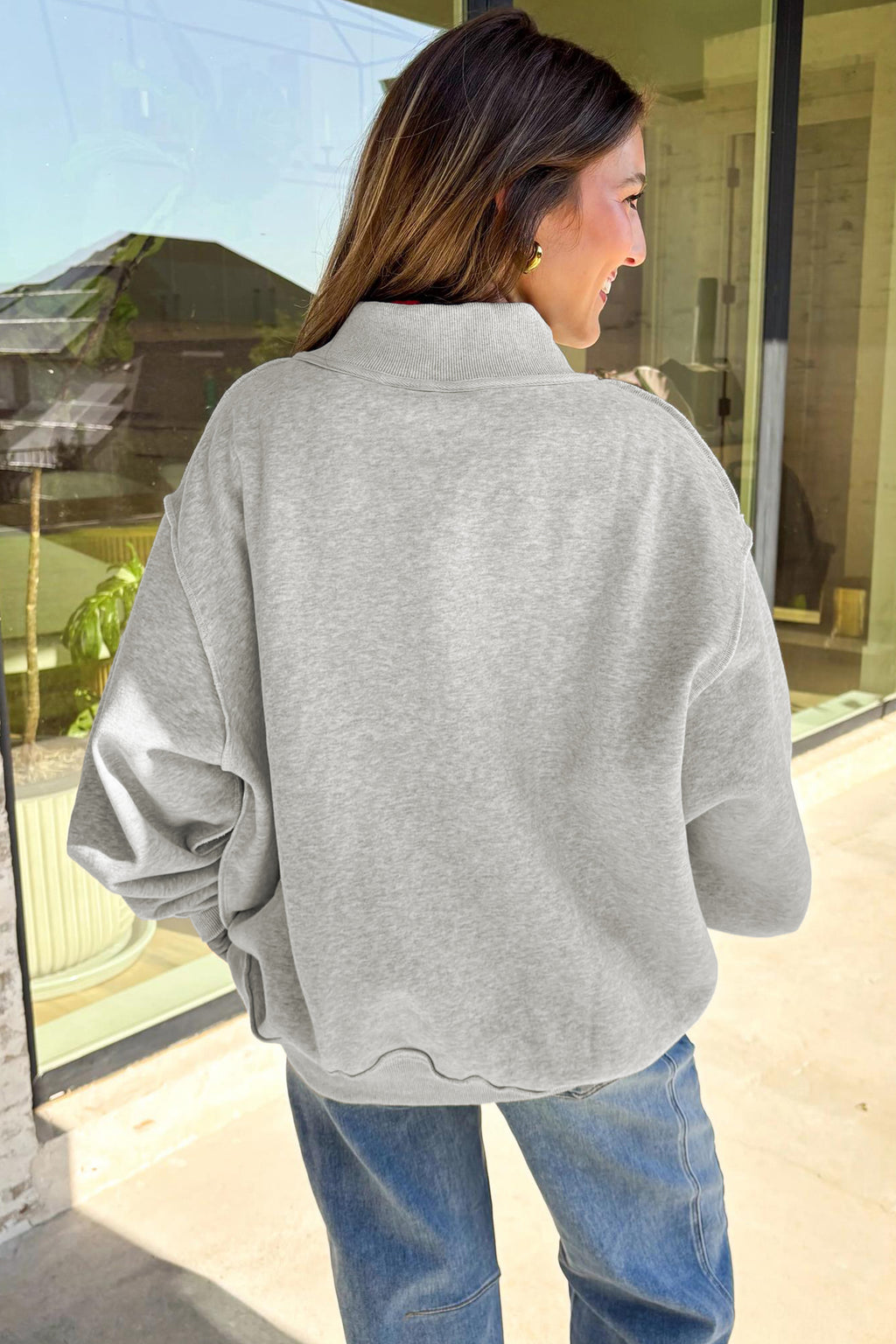 Light Grey Mock Neck Graphic Print Reversible Sweatshirt