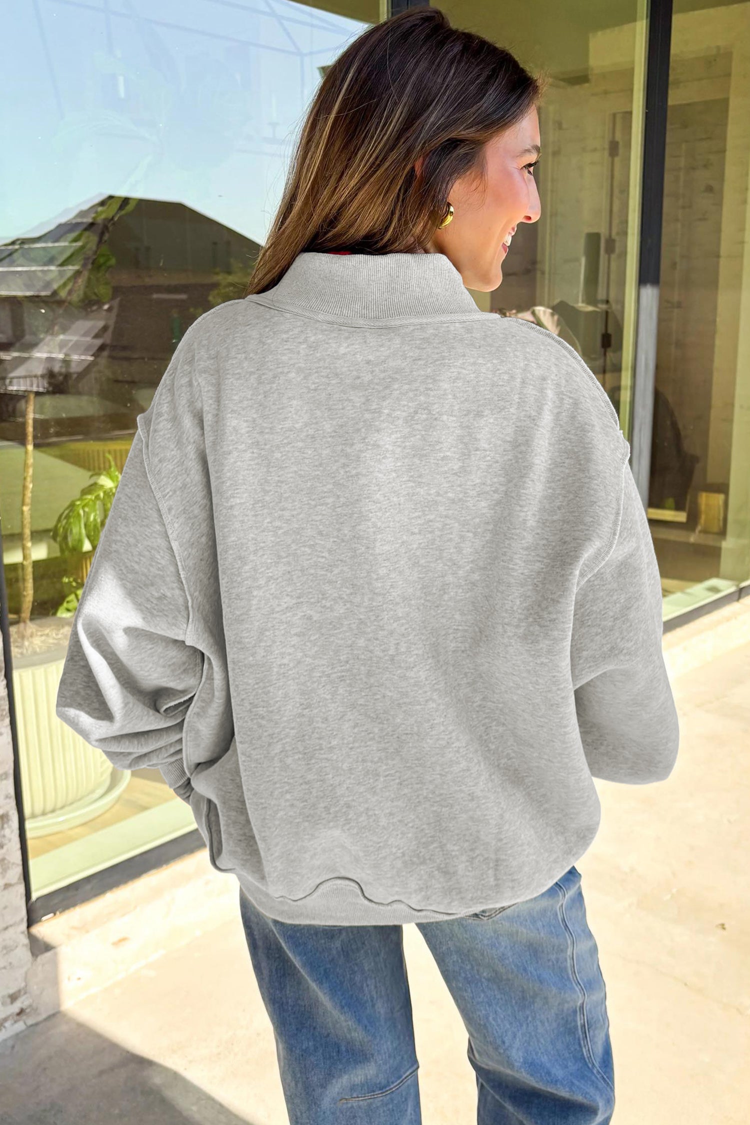 Light Grey Mock Neck Graphic Print Reversible Sweatshirt