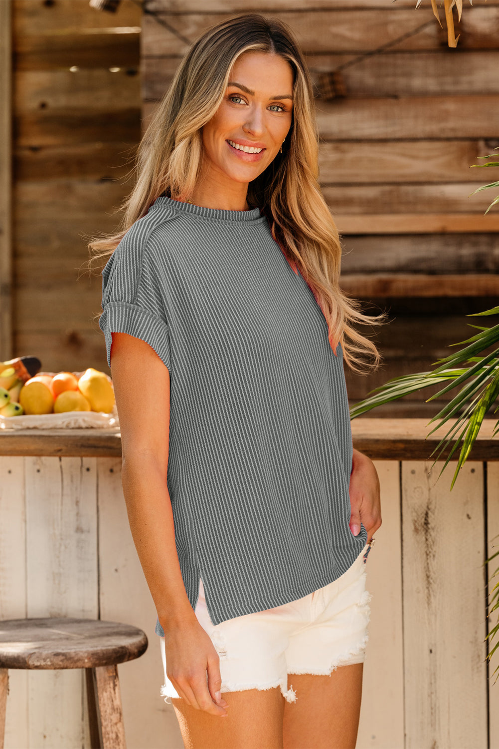Bonbon Textured Knit Exposed Stitching T-shirt