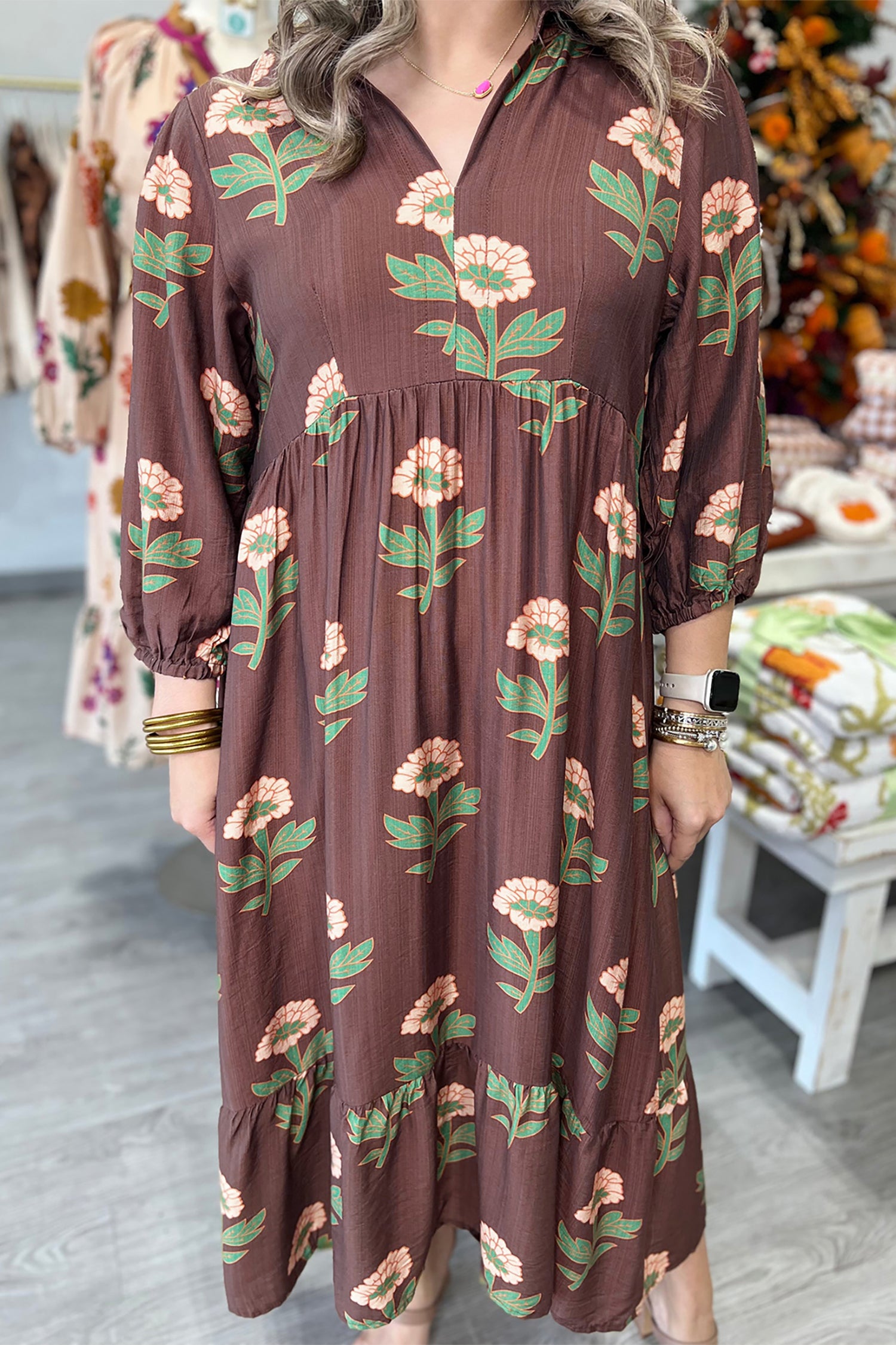 Brown Floral Print V-Neck Long Sleeve Loose Shift Plus Size Dress
