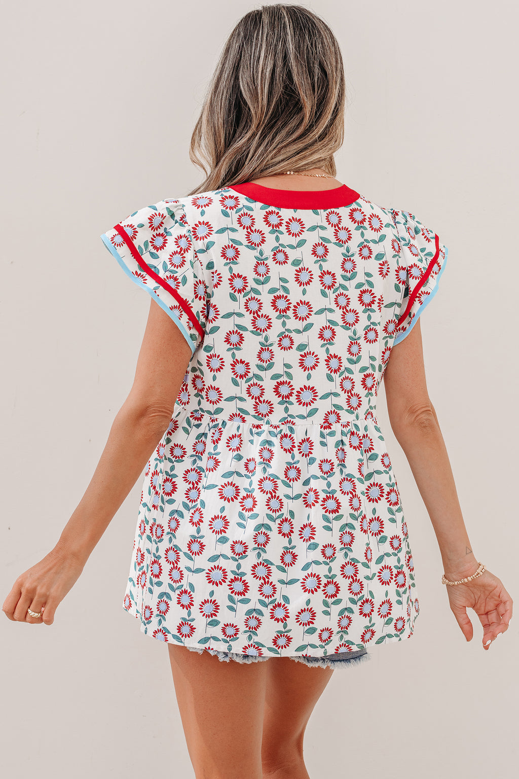 Red Sunflower Printed Contrast Trim V Neck Flutter Sleeve Blouse