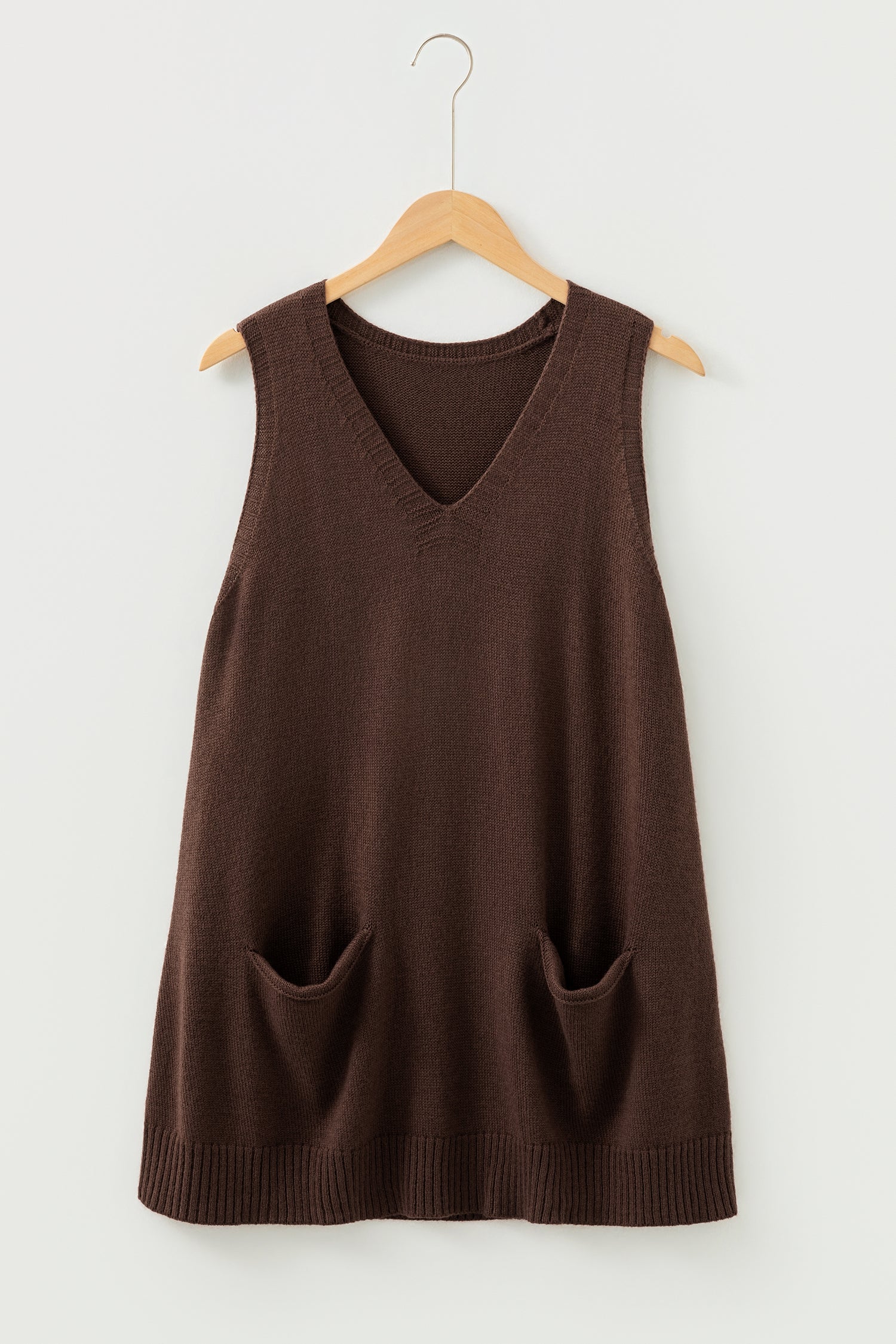 Jet Stream Ribbed Deep V Neckline Front Pocketed Loose Tunic Sweater Vest