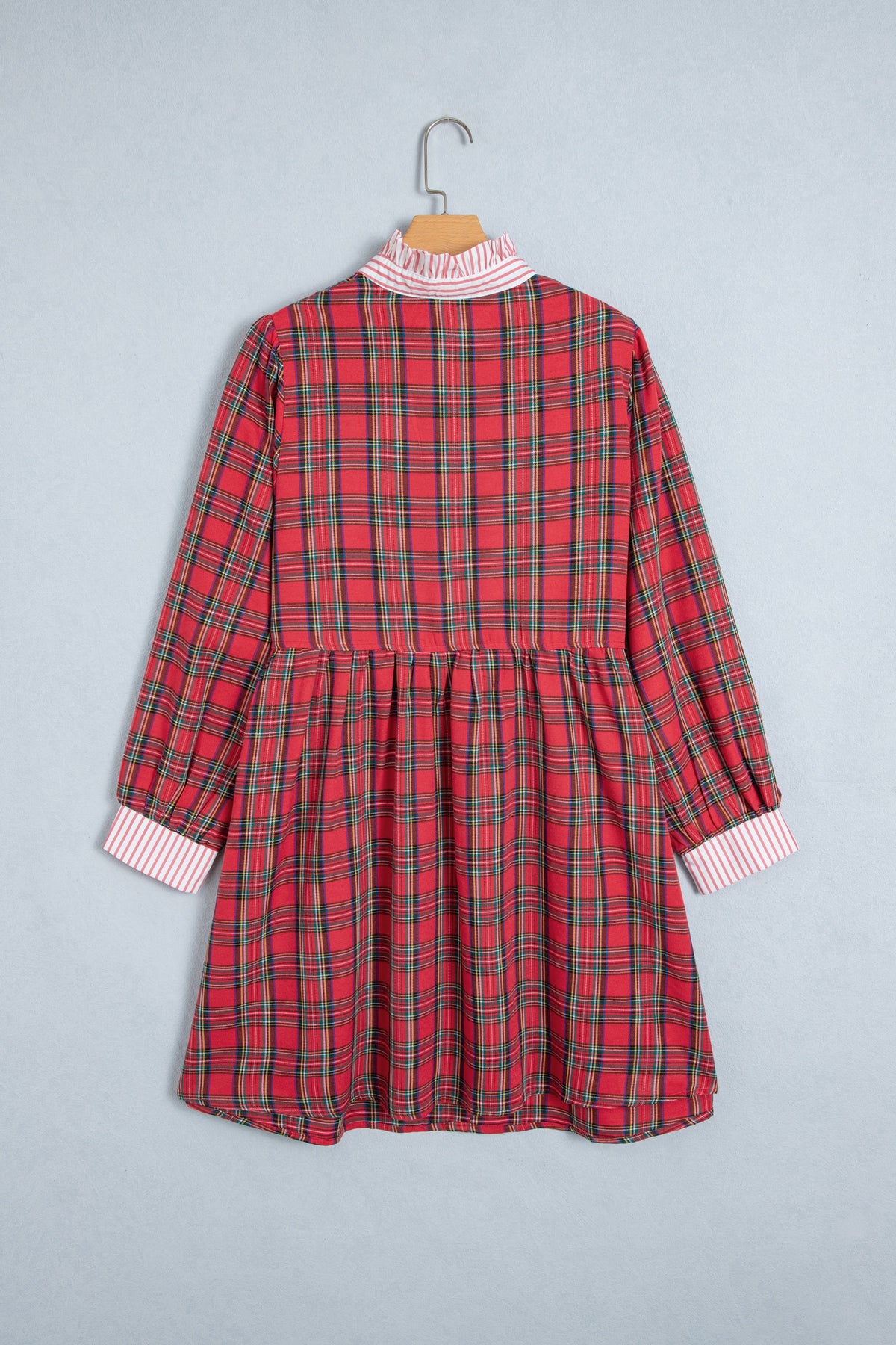 Red Plaid Striped V Neck Collar Cuff Details Shift Plus Size Dress