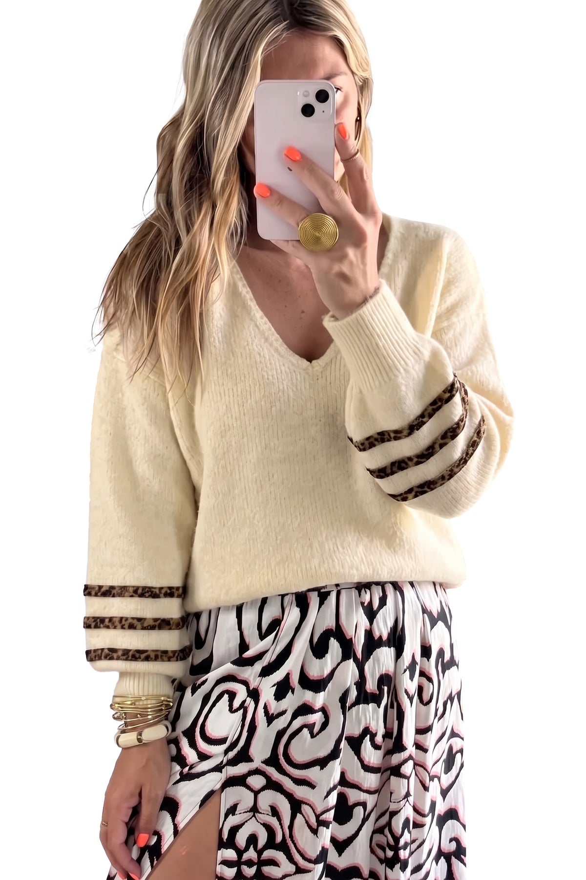 Beige V Neck Leopard Striped Detail Long Sleeve Casual Sweater