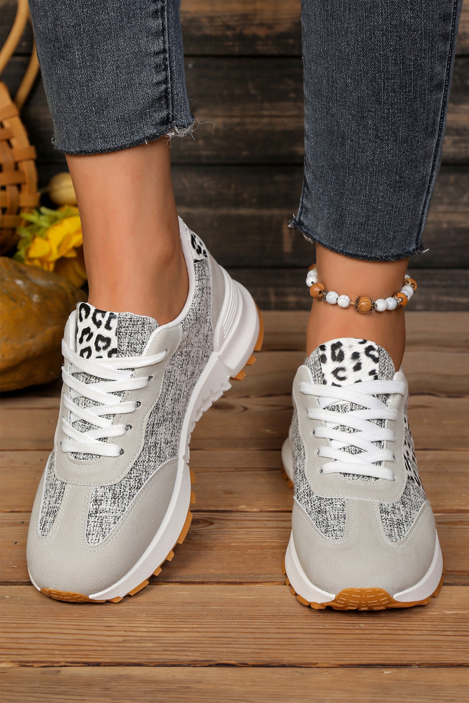 White Mix Texture Patchwork Leopard Detail Lace Up Sneakers