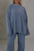Blue Stripe Contrast Trim Round Neck Oversize Long Sleeve Top 2pcs Pant Set