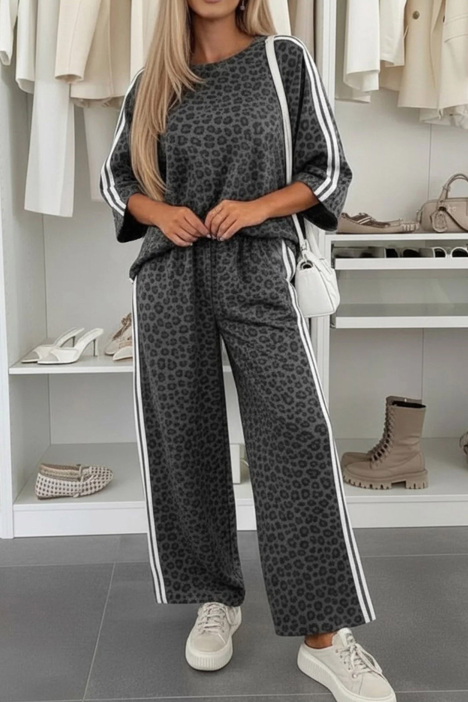 Apricot Leopard Print Varsity Striped Detail 3/4 Sleeve Top Shift Pant Set