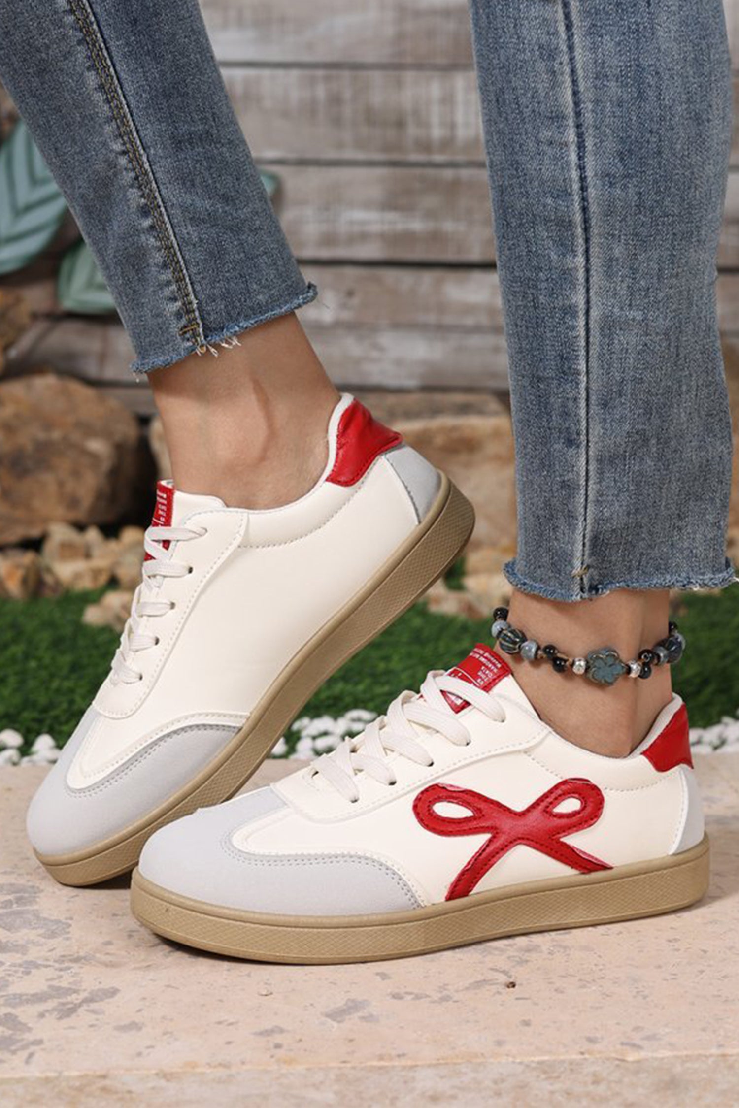 Fiery Red Cute Bow Patch Color Block PU Leather Sneakers