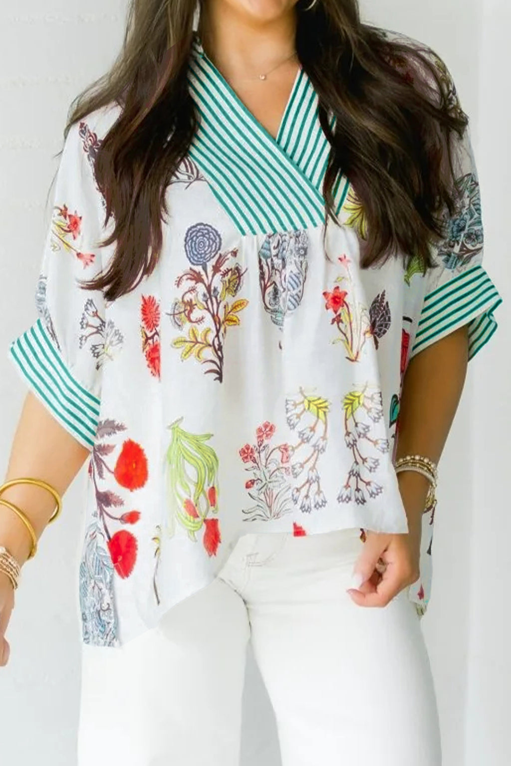 Beige Floral Print Striped Contrast Trim V Neck Half Sleeve Blouse