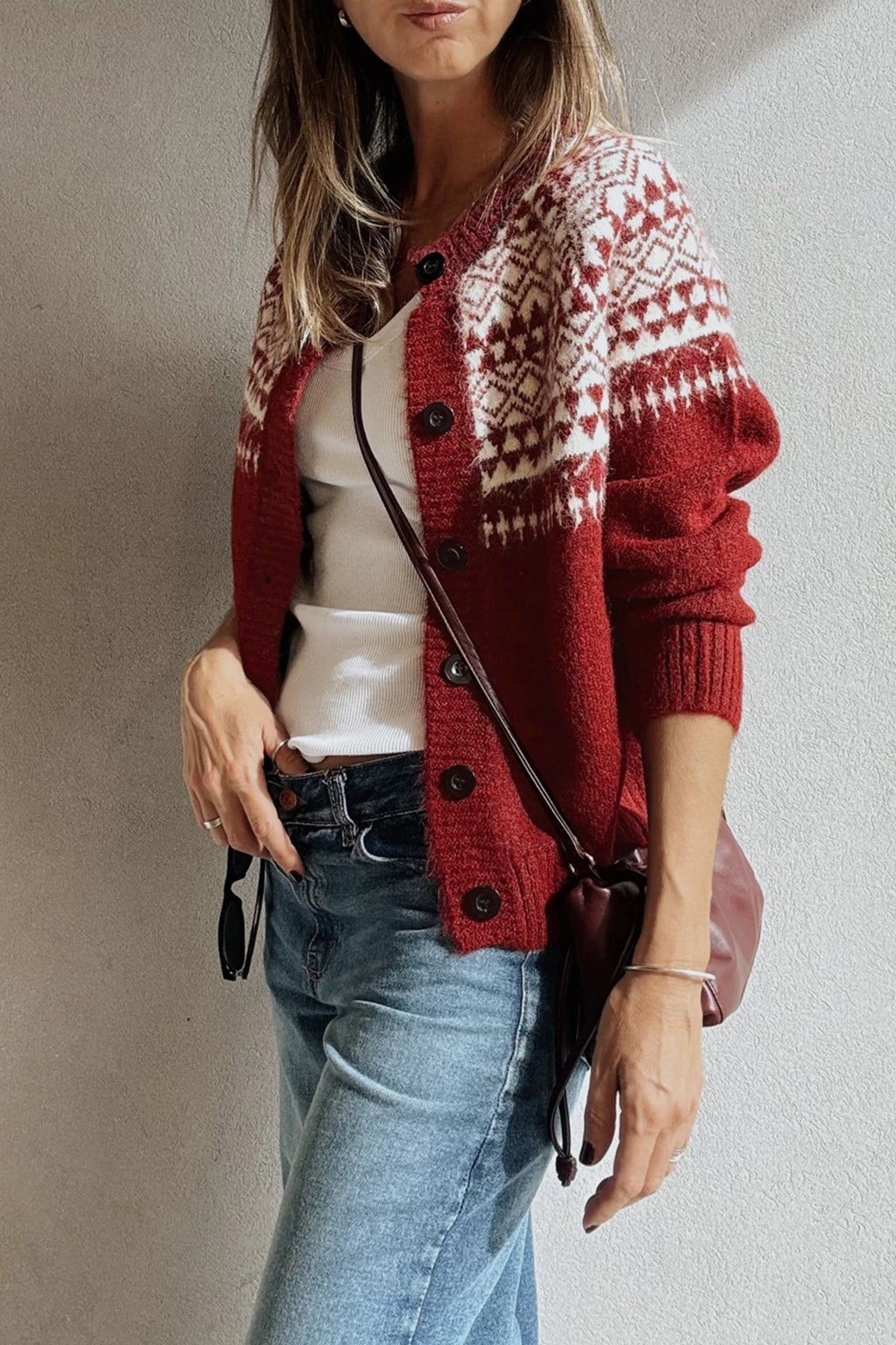 Red Geometric Print Button Front Long Sleeve Knitwear Cardigan