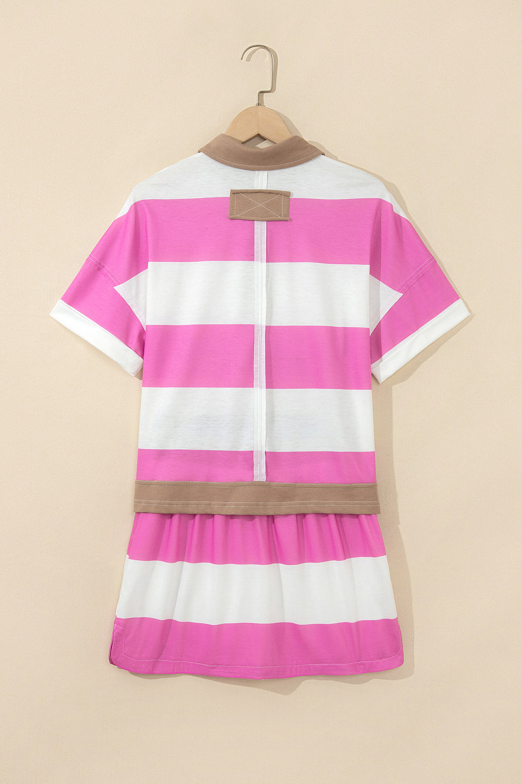 Rose Stripe Colorblock Trim Polo Tee Drawstring Mini Skirt 2pcs Set