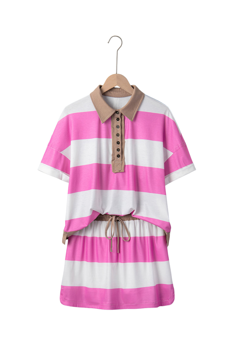 Rose Stripe Colorblock Trim Polo Tee Drawstring Mini Skirt 2pcs Set