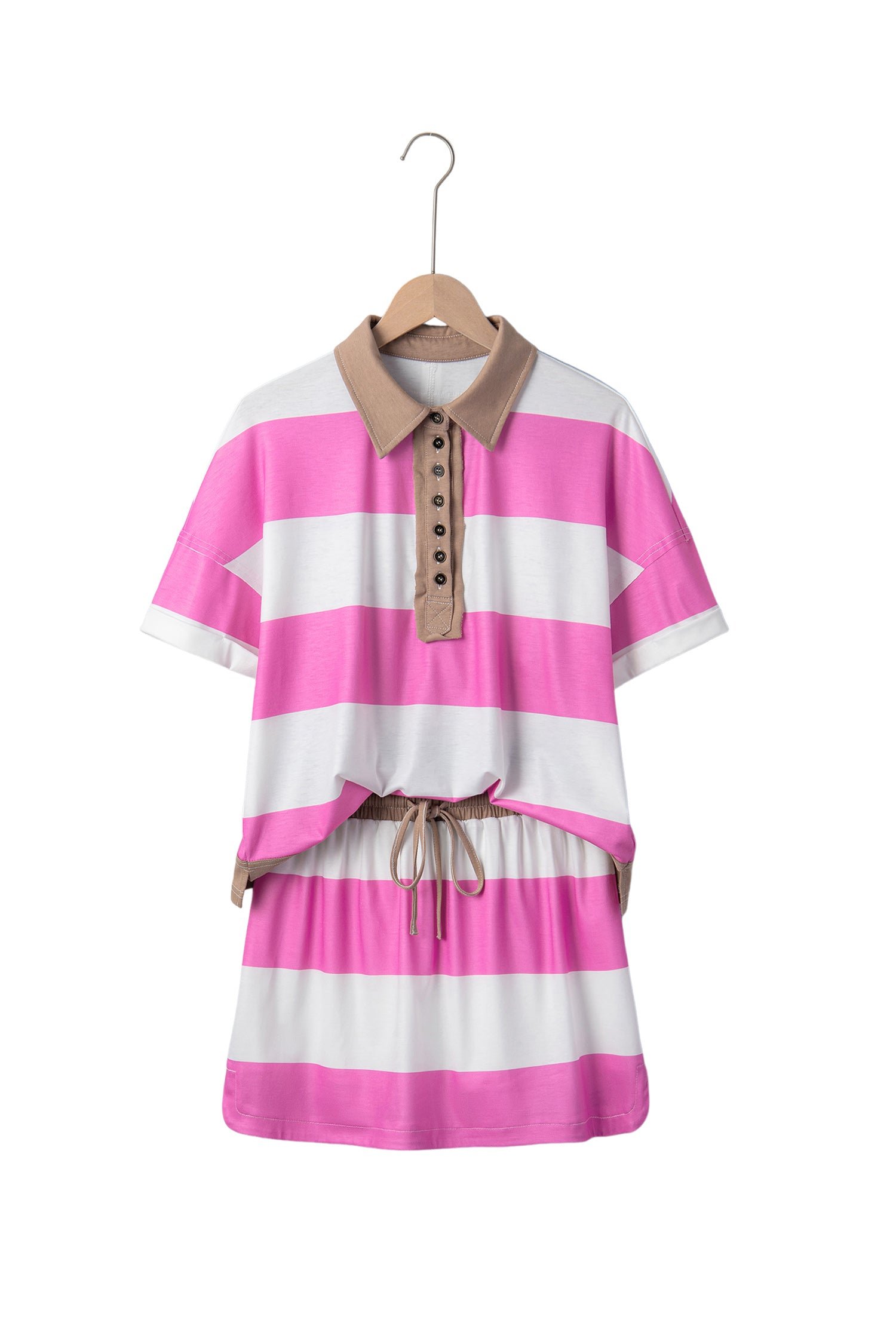 Rose Stripe Colorblock Trim Polo Tee Drawstring Mini Skirt 2pcs Set
