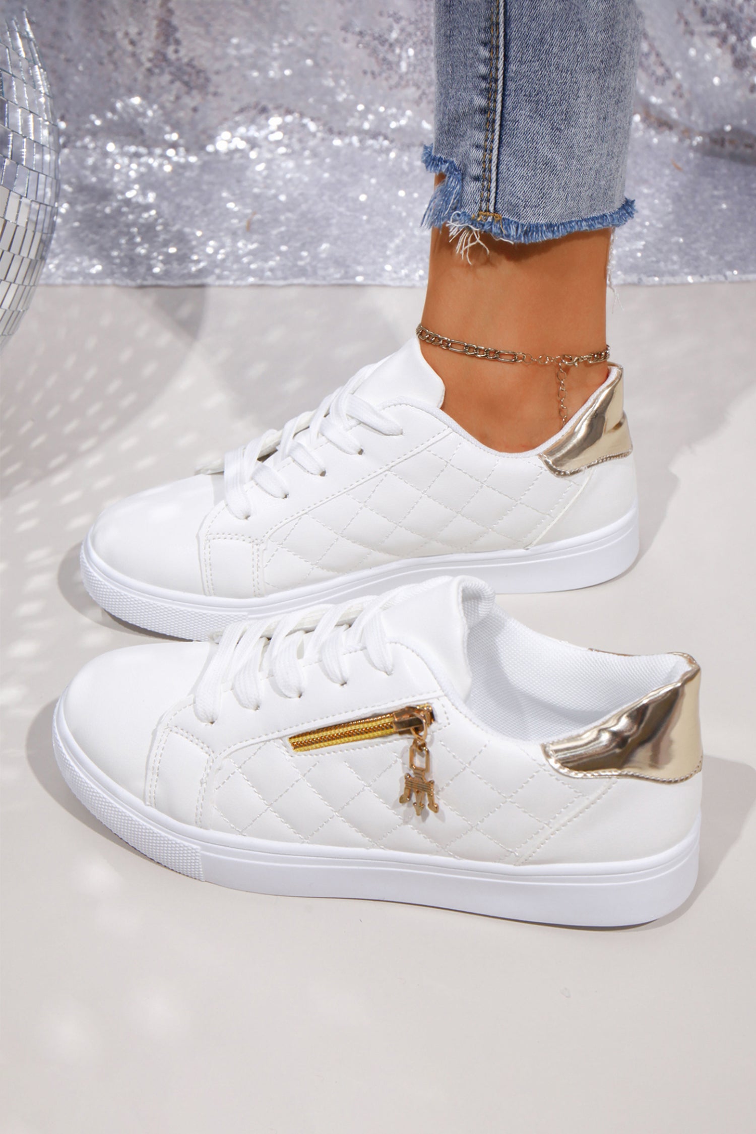 White Quilted PU Leather Zip Metallic Detail Lace-up Shoes