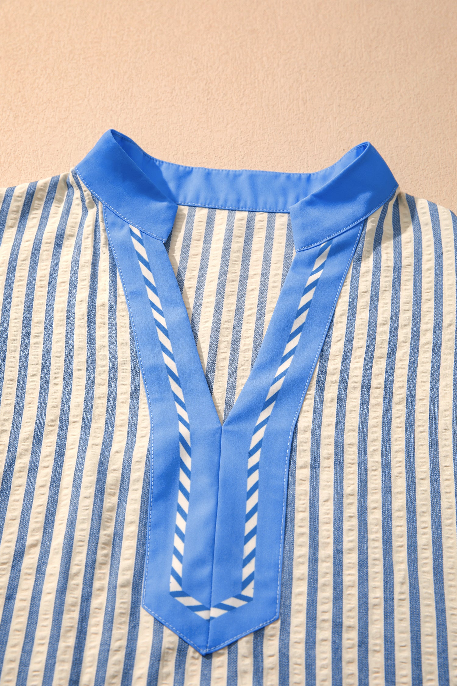 Sky Blue Stripe Color Block Detail V Neck Short Sleeve Blouse