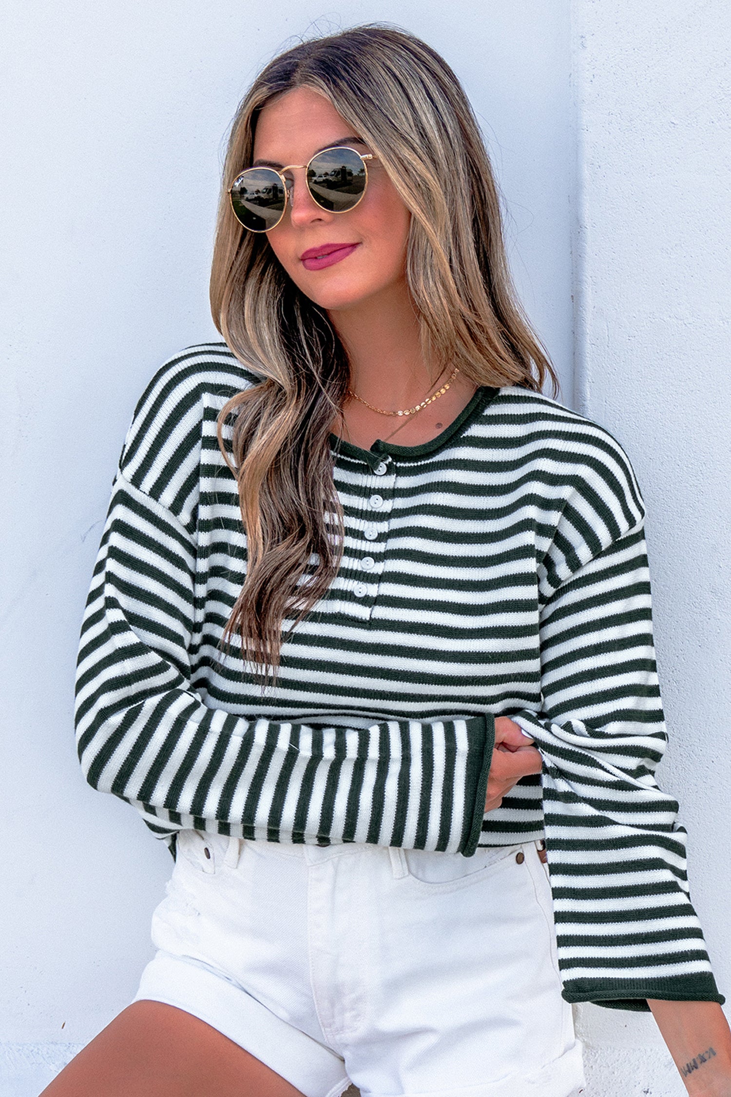Green Stripe Striped Button Placket Drop Shoulder Long Sleeve Sweater