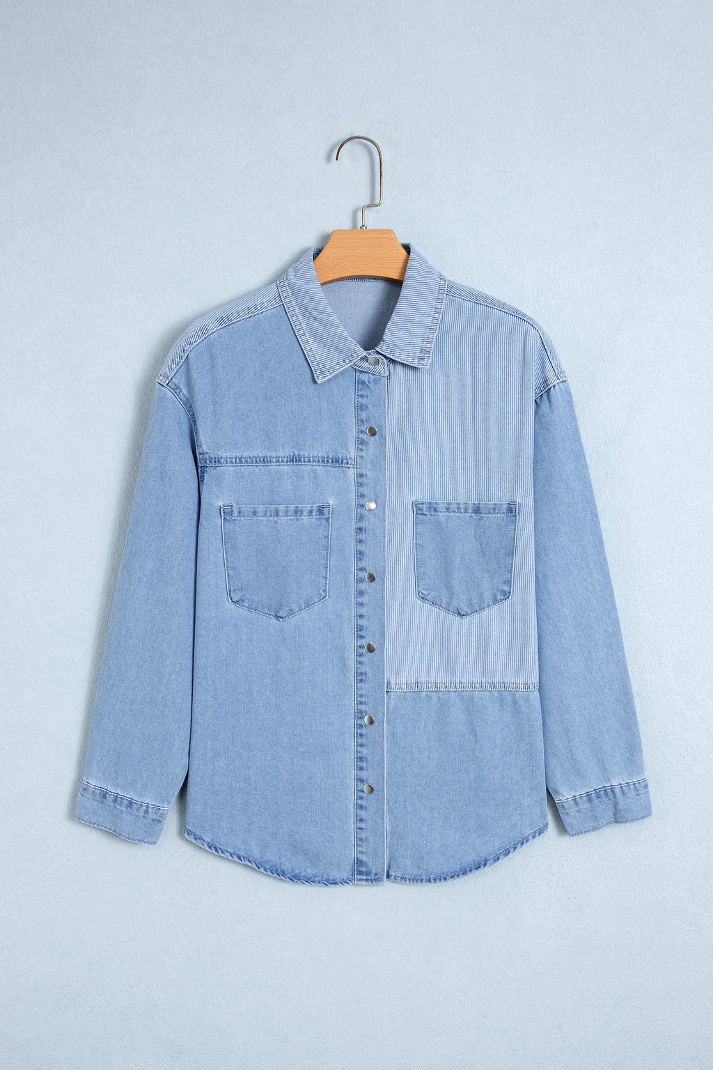 Beau Blue Lightweight Denim Striped Patchwork Button Down Shacket