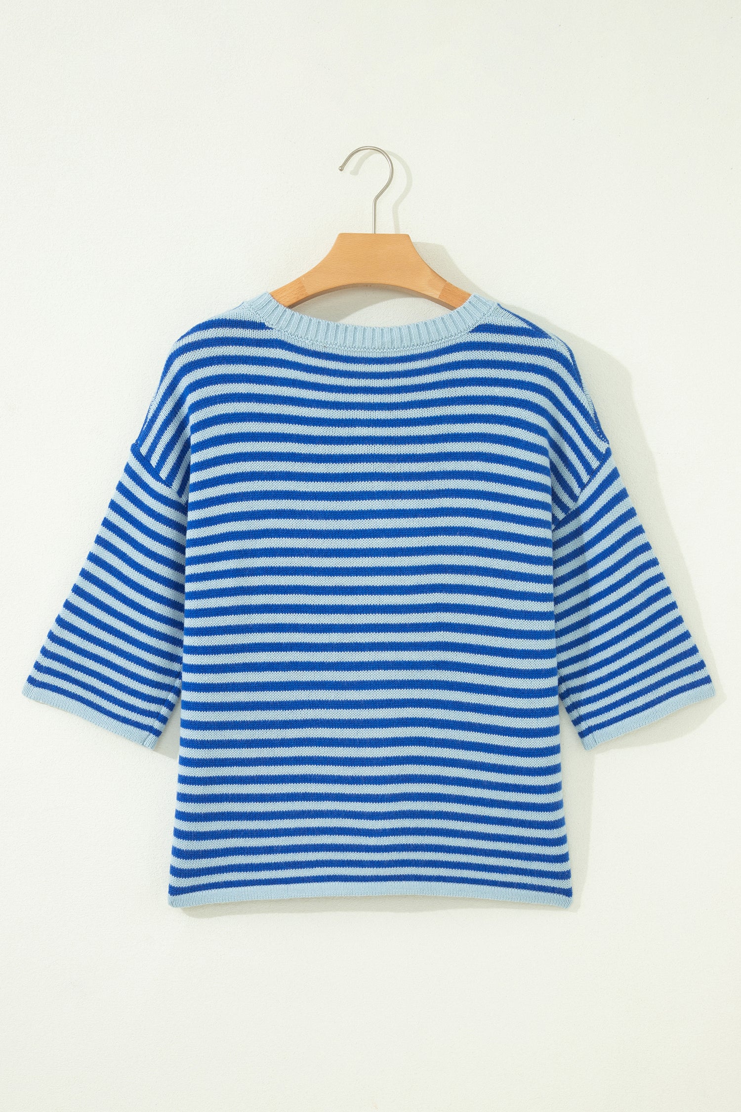 Blue Stripe Loose Half Sleeve Knit Button Down Sweater Cardigan