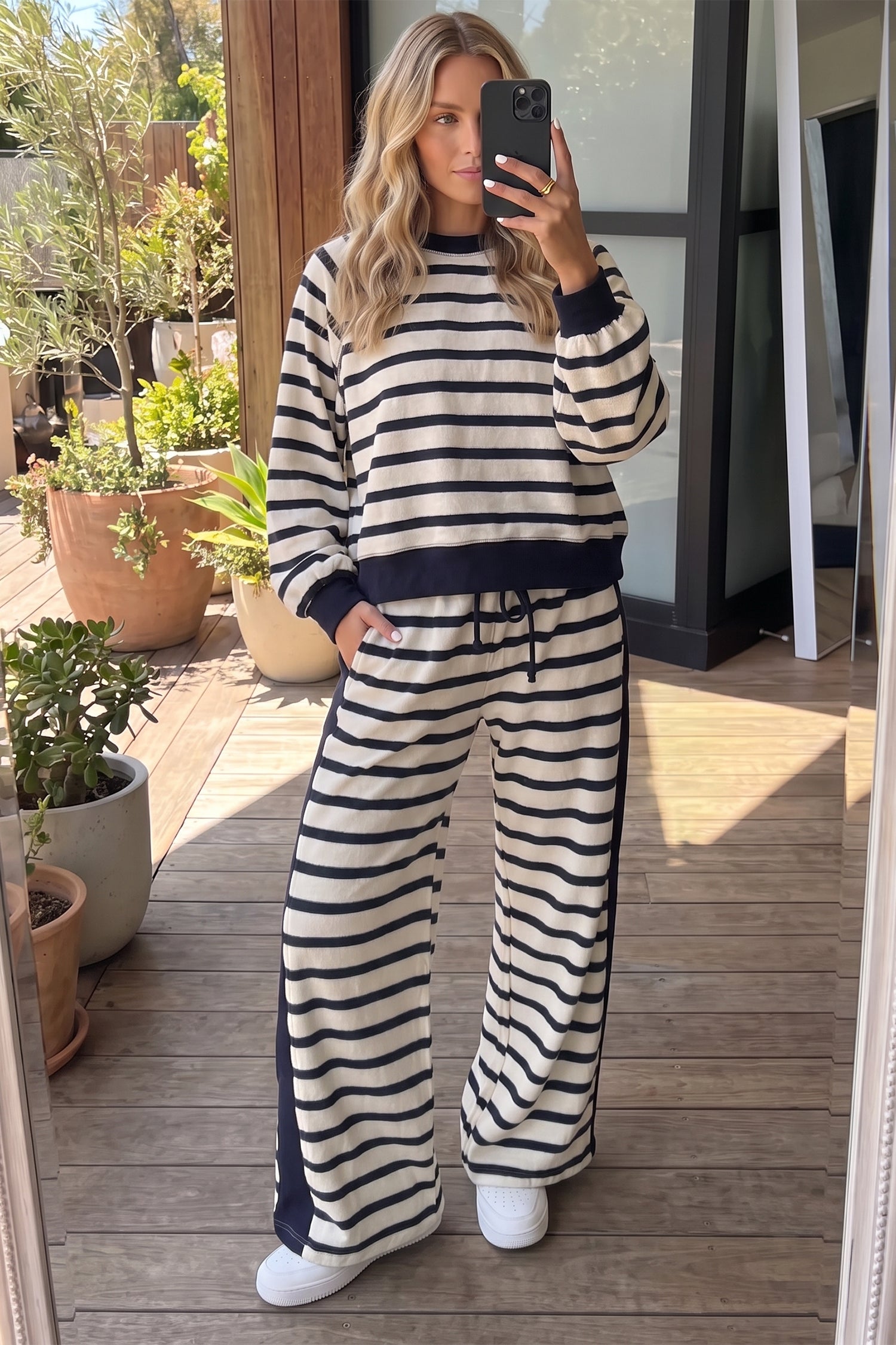 Beige Stripe Relaxed Long Sleeve Top Color Block Detail Drawstring Pant Set