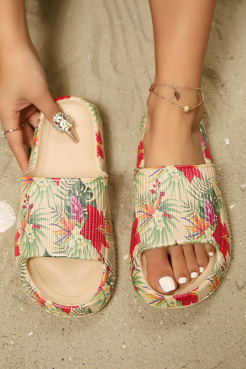 Parchment Tropical Floral Print Textured Cutout Detail Casual Slippers